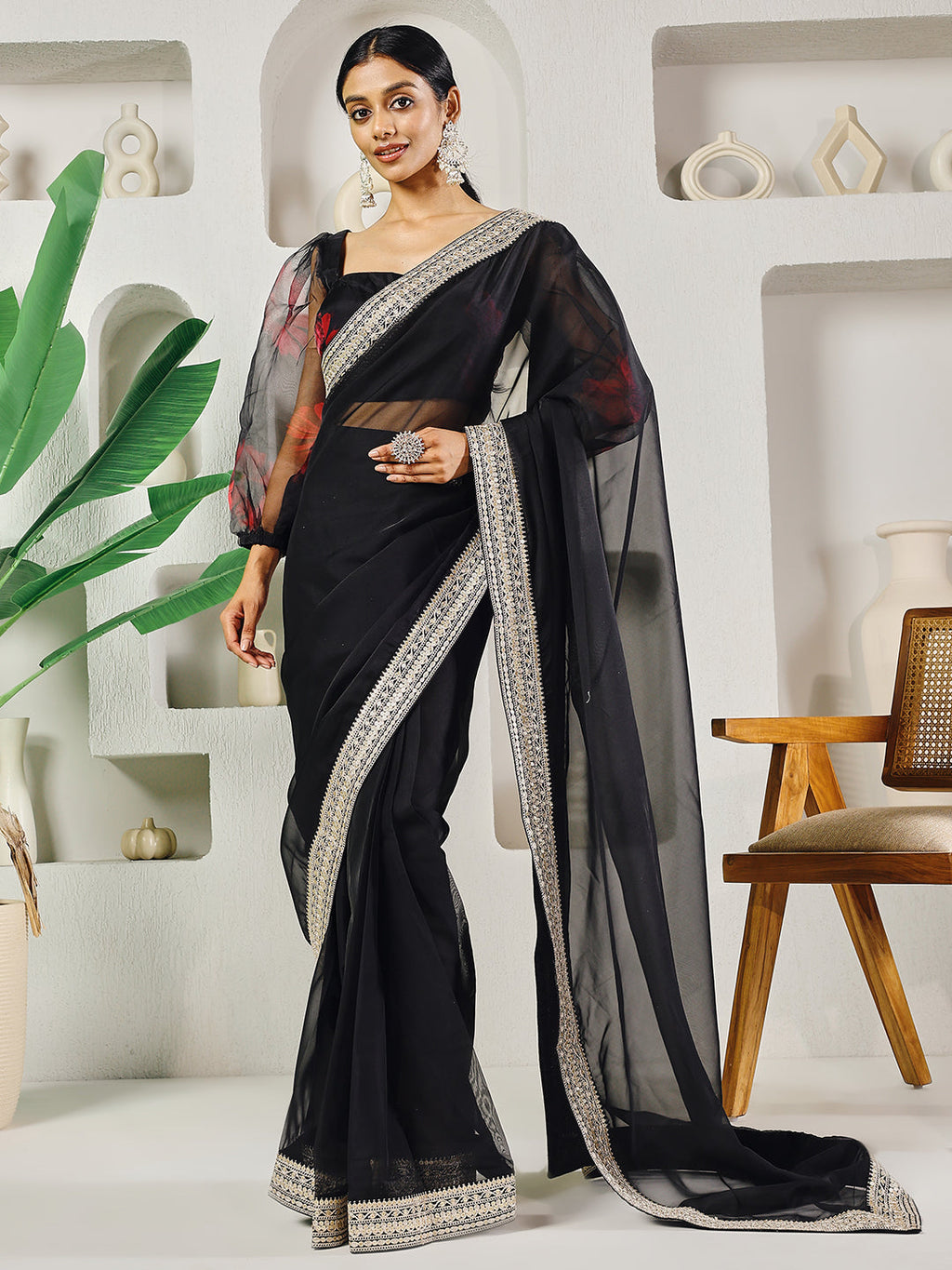 Fab Fashion Black Organza Ready to Wear Saree with Blouse | Grocsy