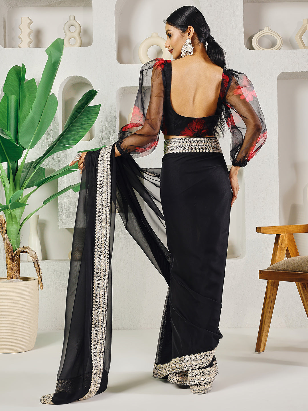 Fab Fashion Black Organza Ready to Wear Saree with Blouse | Grocsy