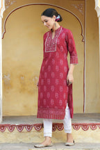 Juniper Women's Marron Cotton Cambric Floral Printed Straight Kurta | Grocsy