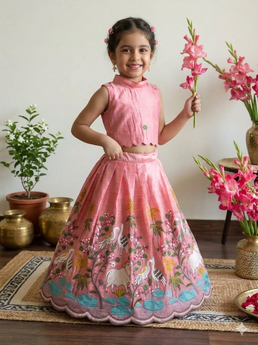 Teeya Creation New Girls Blush Pink Pichwai Embroidered Lehenga Choli Set-Pink | Grocsy