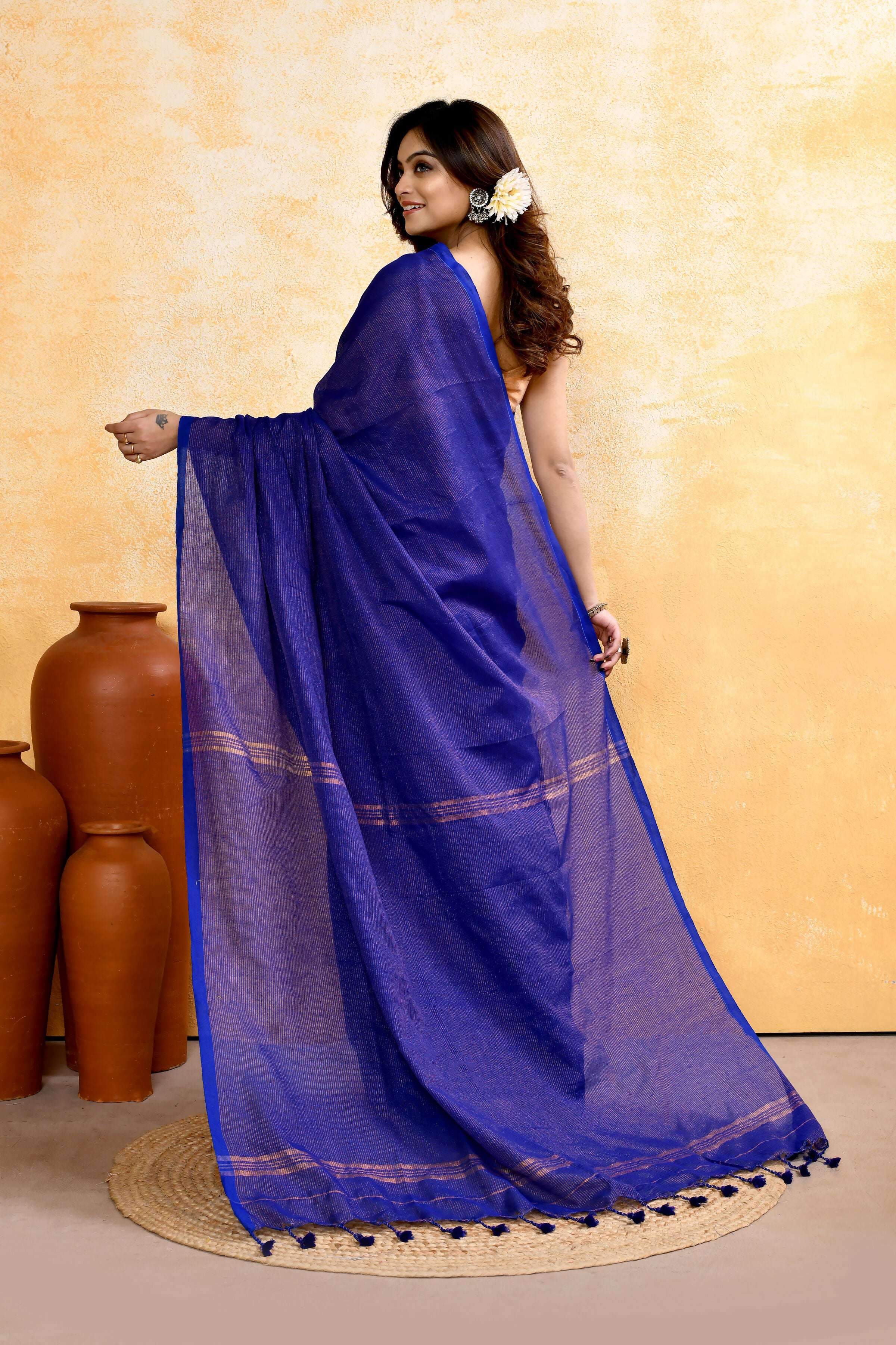 Piyari Fashion Women's Royal Blue Embellished Cotton Blend Zari Check Handloom Saree | Grocsy