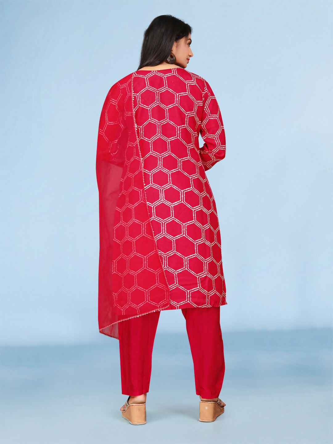 Joban Fashion Red Cotton Premium Pure Viscose Print Dola With Handwork Kurta set | Grocsy