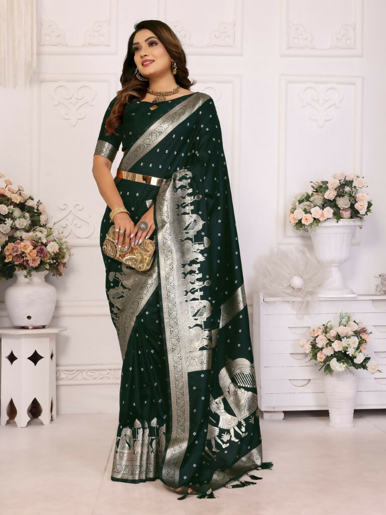 Anaita Dark Green kochi Silk With Bandhej Weaving Saree With Blouse | Grocsy