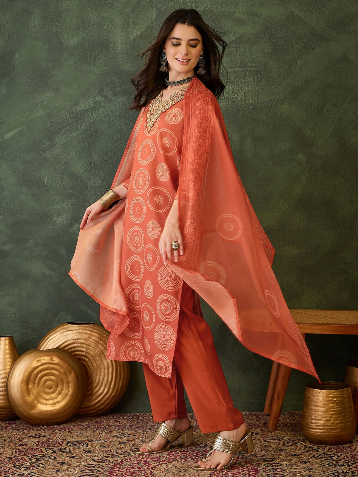 The52 Women's Gorgeous Rayon Embroidery Straight Kurta with Pant And Dupatta Set-Orange | Grocsy