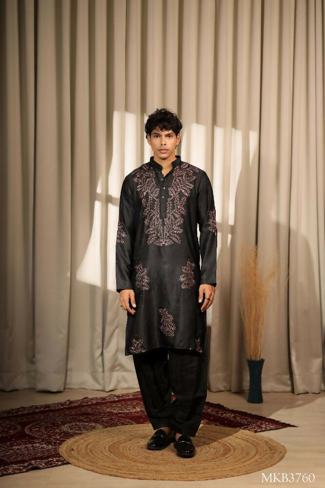 Black Greek Satin Designer Embroidery Work Kurta Set - Mahotsav | Grocsy