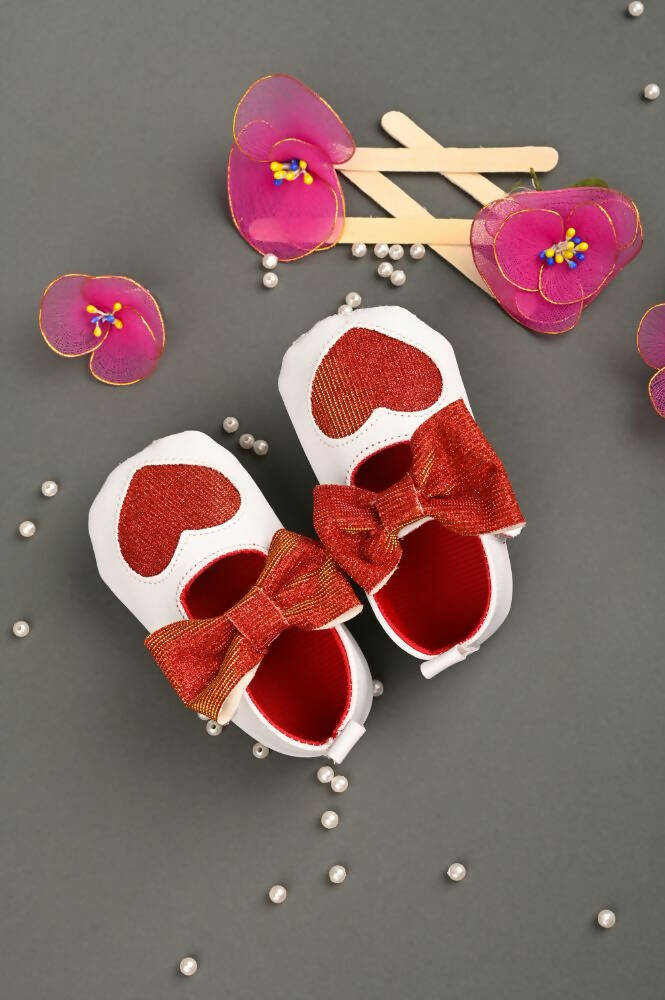 Tiny Bugs Girls Heart Bow Detailing Booties - White & Red | Grocsy