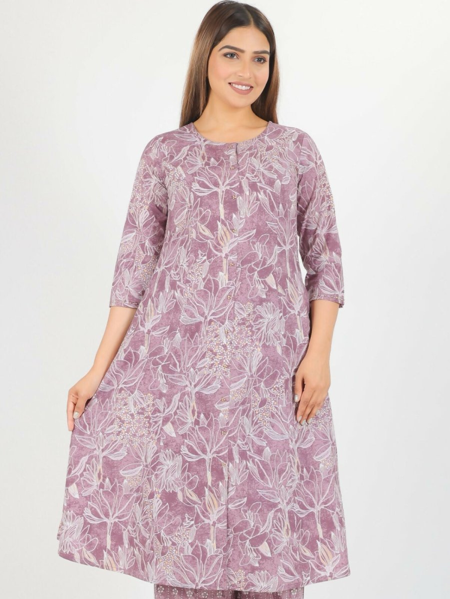 Aramya Purple Soft Cotton Gold Foil A-line Kurta for Women | Grocsy