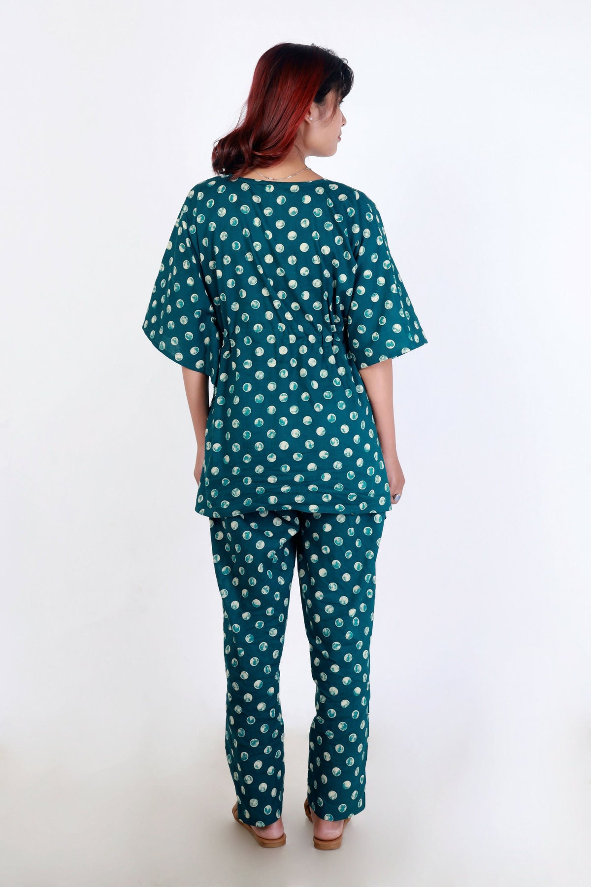 Breathables Green Polka Cotton Kaftan Co-Ord Set | Grocsy