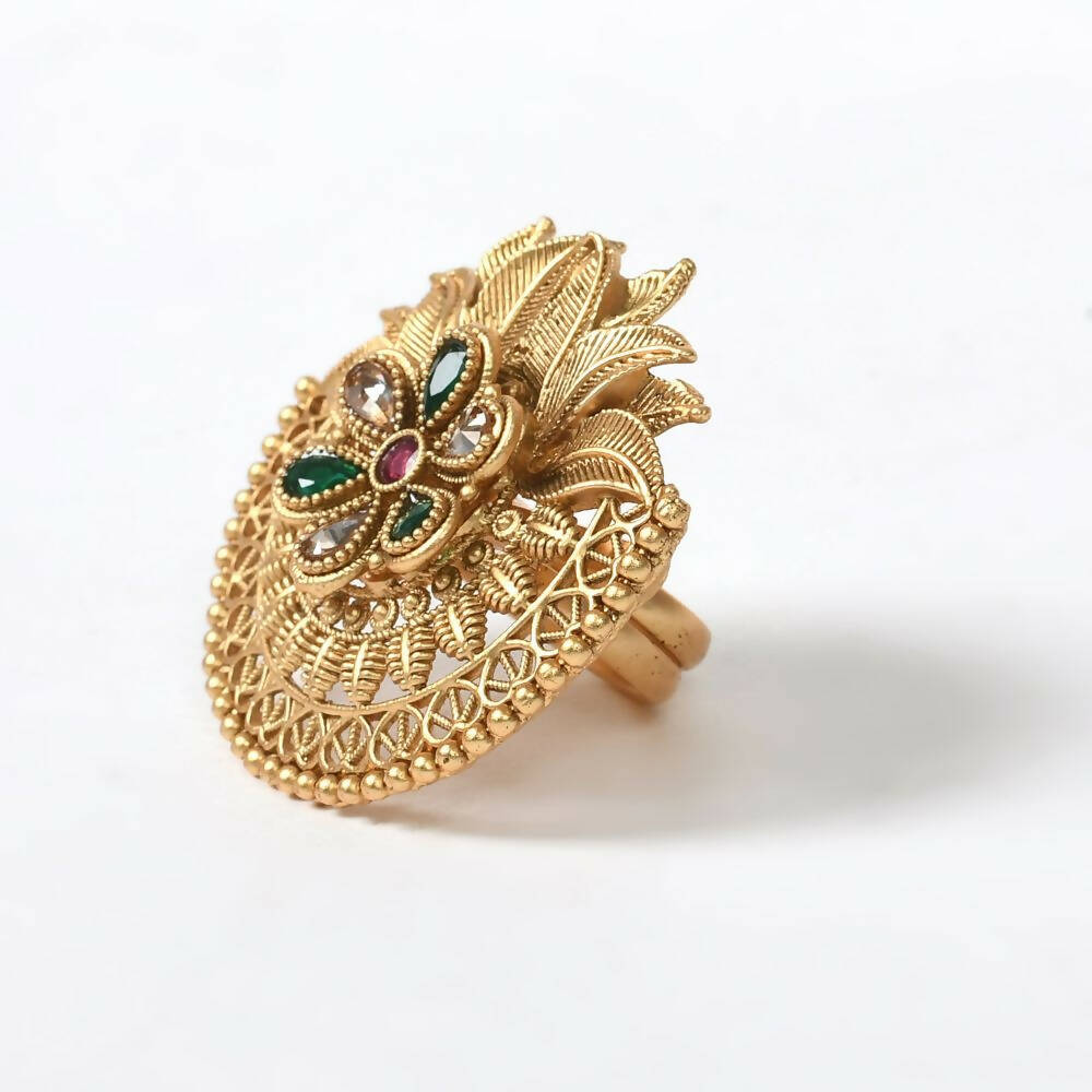 Mominos Fashion Joharkamal Gold-Polished Stone Studded Adjustable Finger Ring - Design 17 | Grocsy