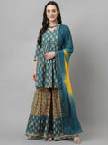 FIORRA Women's Tuquise Pure Cotton Flared Kurta & Sharara With Dupatta | Grocsy