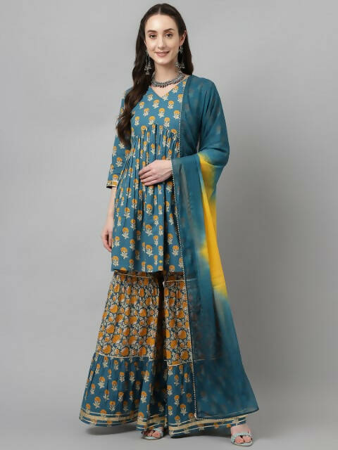 FIORRA Women's Tuquise Pure Cotton Flared Kurta & Sharara With Dupatta | Grocsy