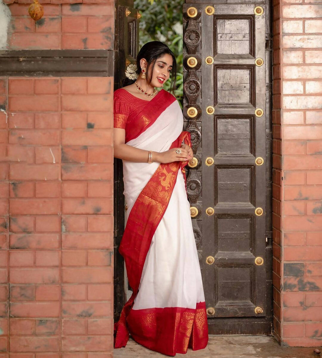 DEIANA'S Beautiful Designer Golden zari Soft Lichi Silk Saree - White | Grocsy