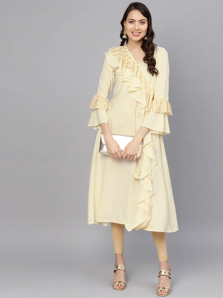 Ahalyaa Cream Crepe Angarkha Style Ruffled Kurta For Women | Grocsy