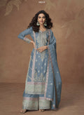 Anaita Sky-Blue Chinon Readymade Palazzo Suit with Embroidery Sequence Work | Grocsy
