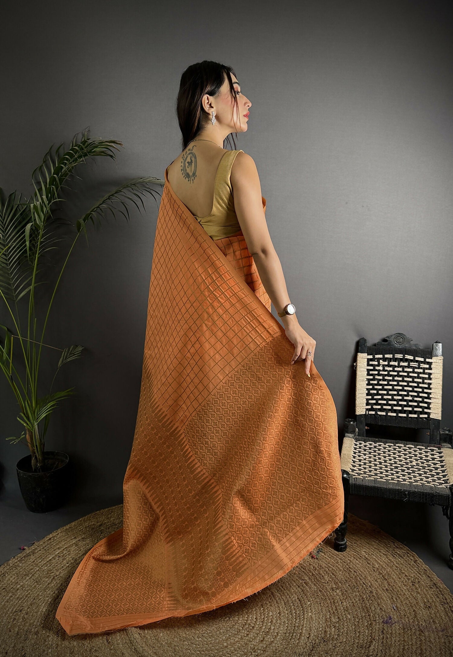 Joban Fashion Orange Banarasi Soft Lichi Silk Checks & Woven Saree | Grocsy