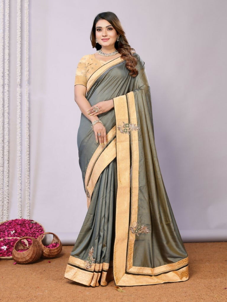 Olive Tusser Silk Resham Cord And Sequins Embroidery Handwork Butta Saree - Norita Saumya | Grocsy