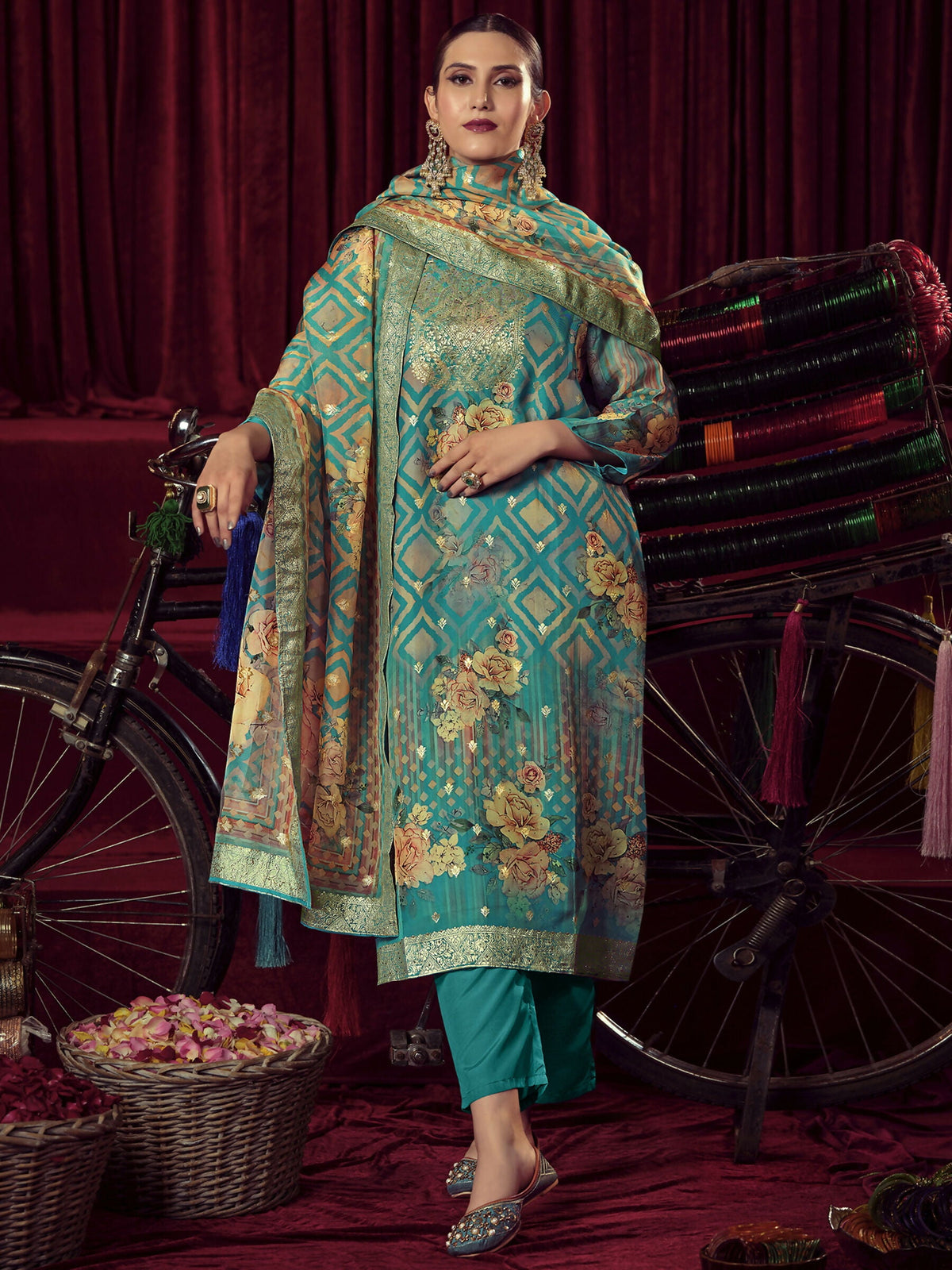 Jyoti Fashion Women's Turquiose Organza Jacquard Woven Kurta with Trouser & Dupatta | Grocsy