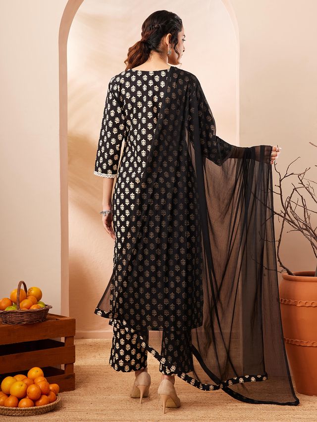 Janasya Black Straight Cotton Kurta,Bottom & Dupatta | Grocsy