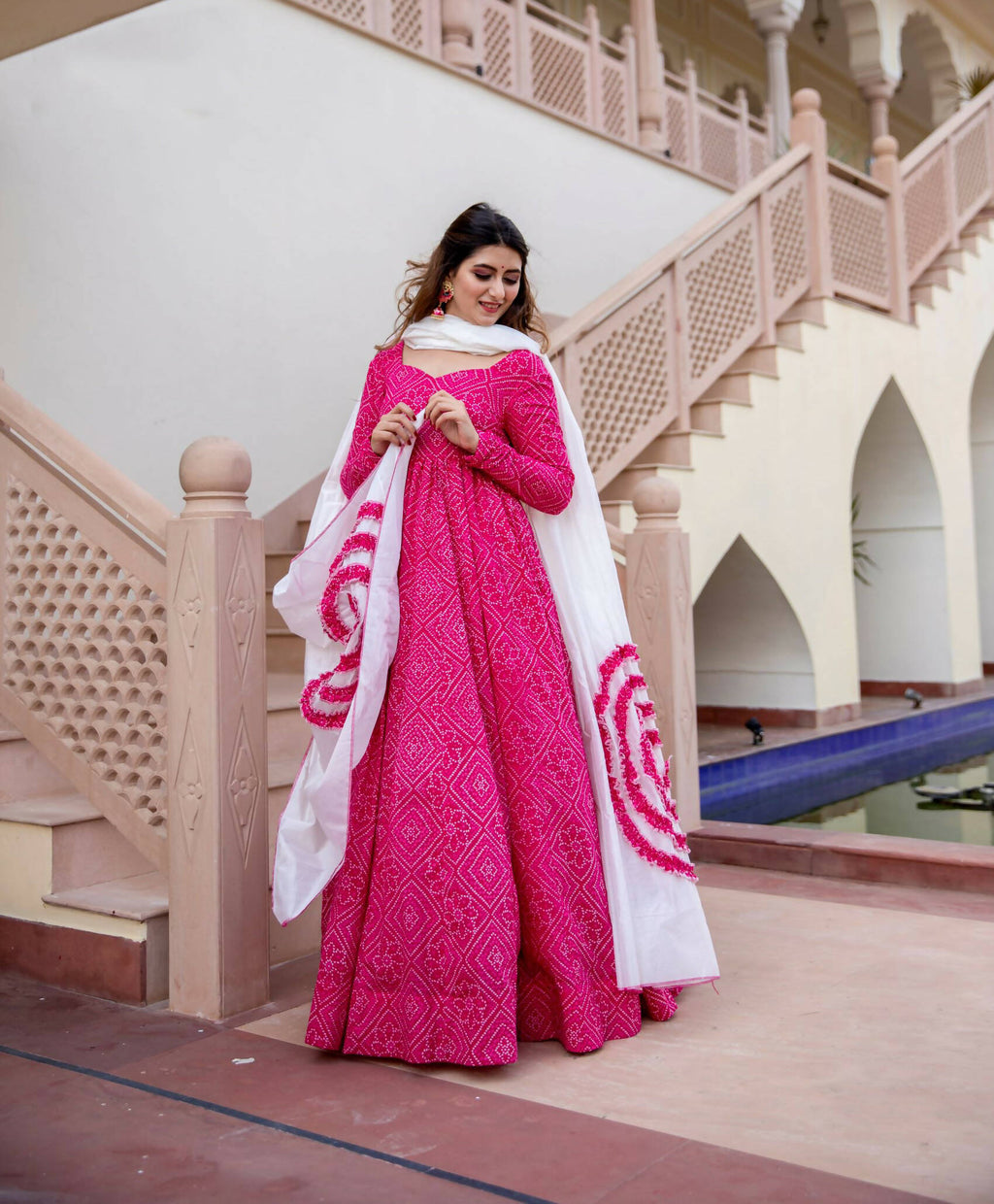 Pink Pure Maslin Bandhej Print Work Stitched Suit With Dupatta - Anbazaar | Grocsy