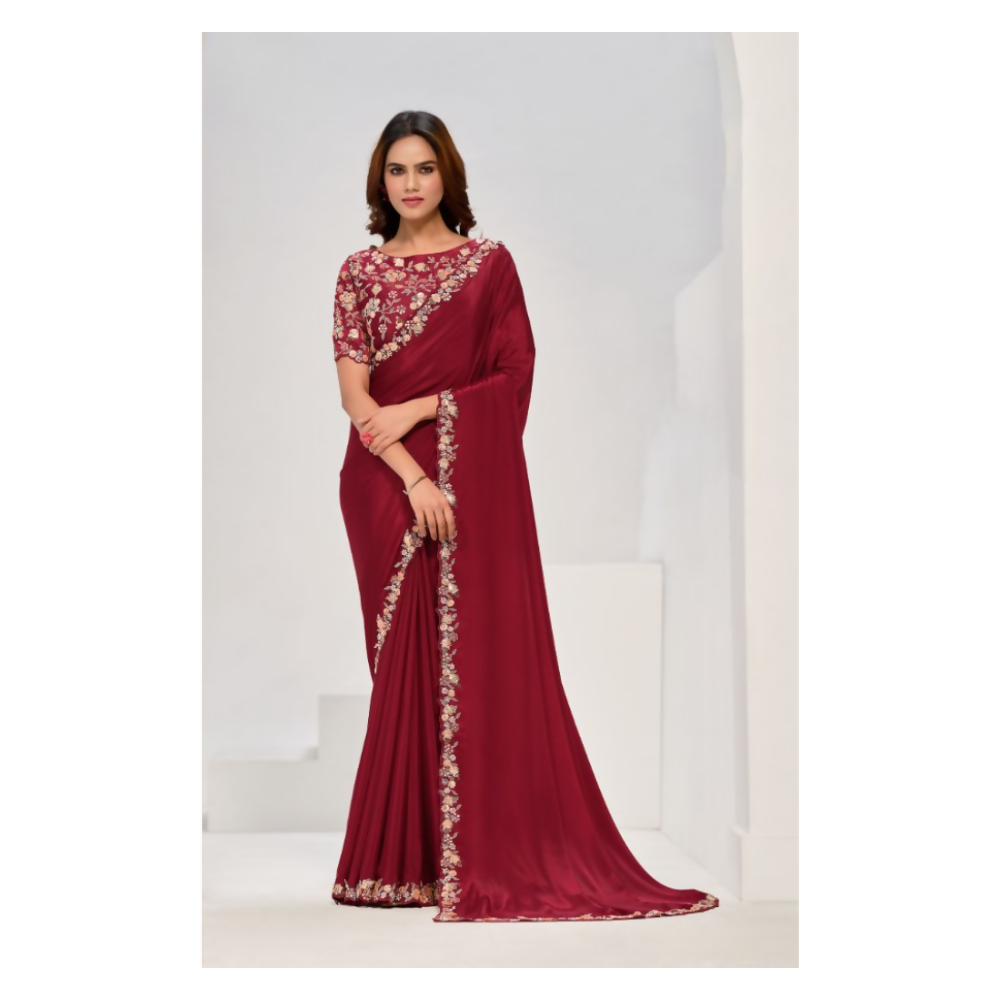 Maroon Pure Crepe Georgette Sequence Saree with Unstitched Blouse - Norita Saanjh | Grocsy