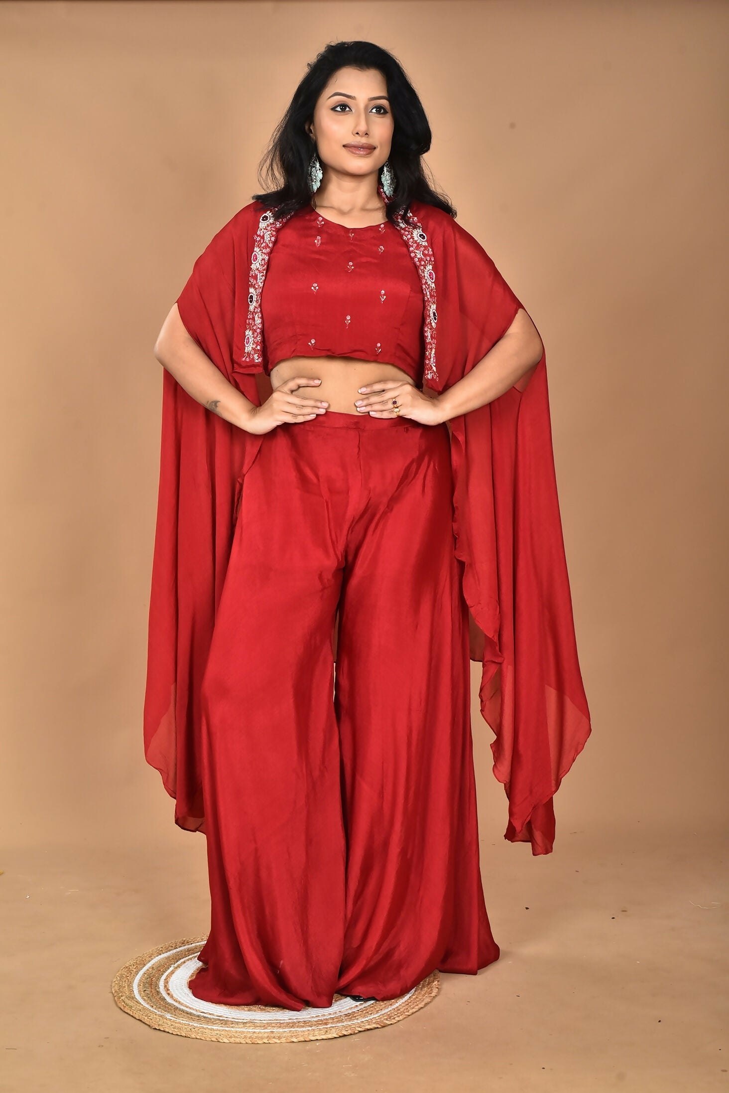 Morchari Women And Hand Embroidery Palazzo Set-Maroon | Grocsy