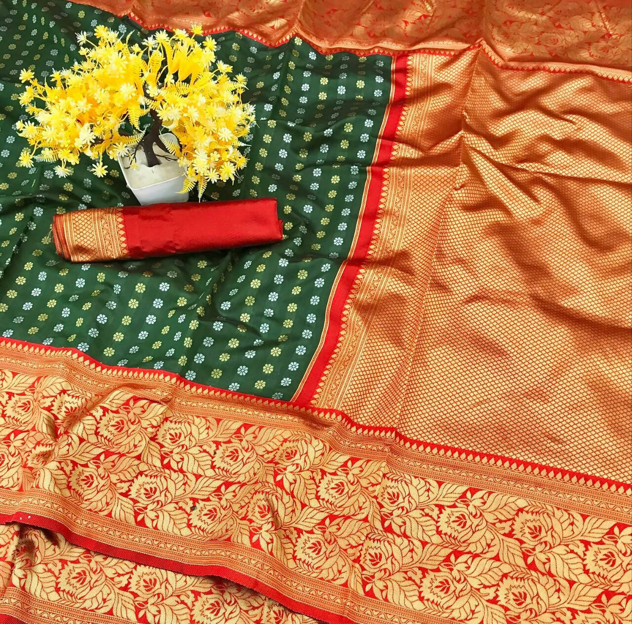 DEIANA'S Beautiful Designer Golden zari Soft Lichi Silk Saree - Green | Grocsy