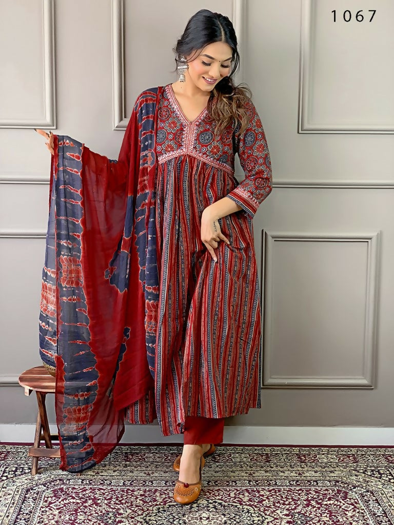 Partywear Designer Cotton Maroon Stitched Suit With Dupatta - Tanisha | Grocsy