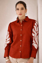 Teeya Creation Women Trendy Rust Cotton Button-Down Top with White Contrast Embroidered Sleeves | Grocsy