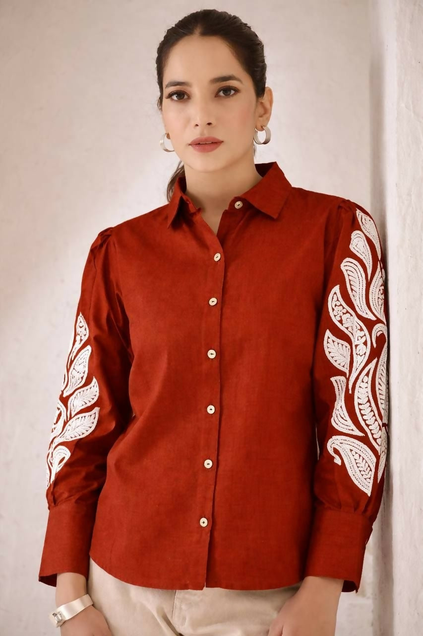 Teeya Creation Women Trendy Rust Cotton Button-Down Top with White Contrast Embroidered Sleeves | Grocsy