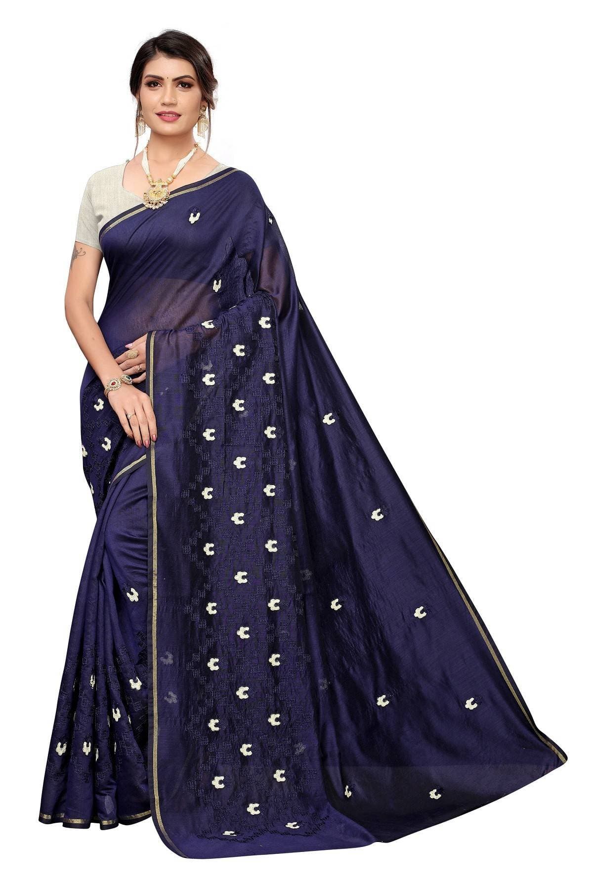 Vamika Navy Chanderi Cotton Chikankari Saree | Grocsy