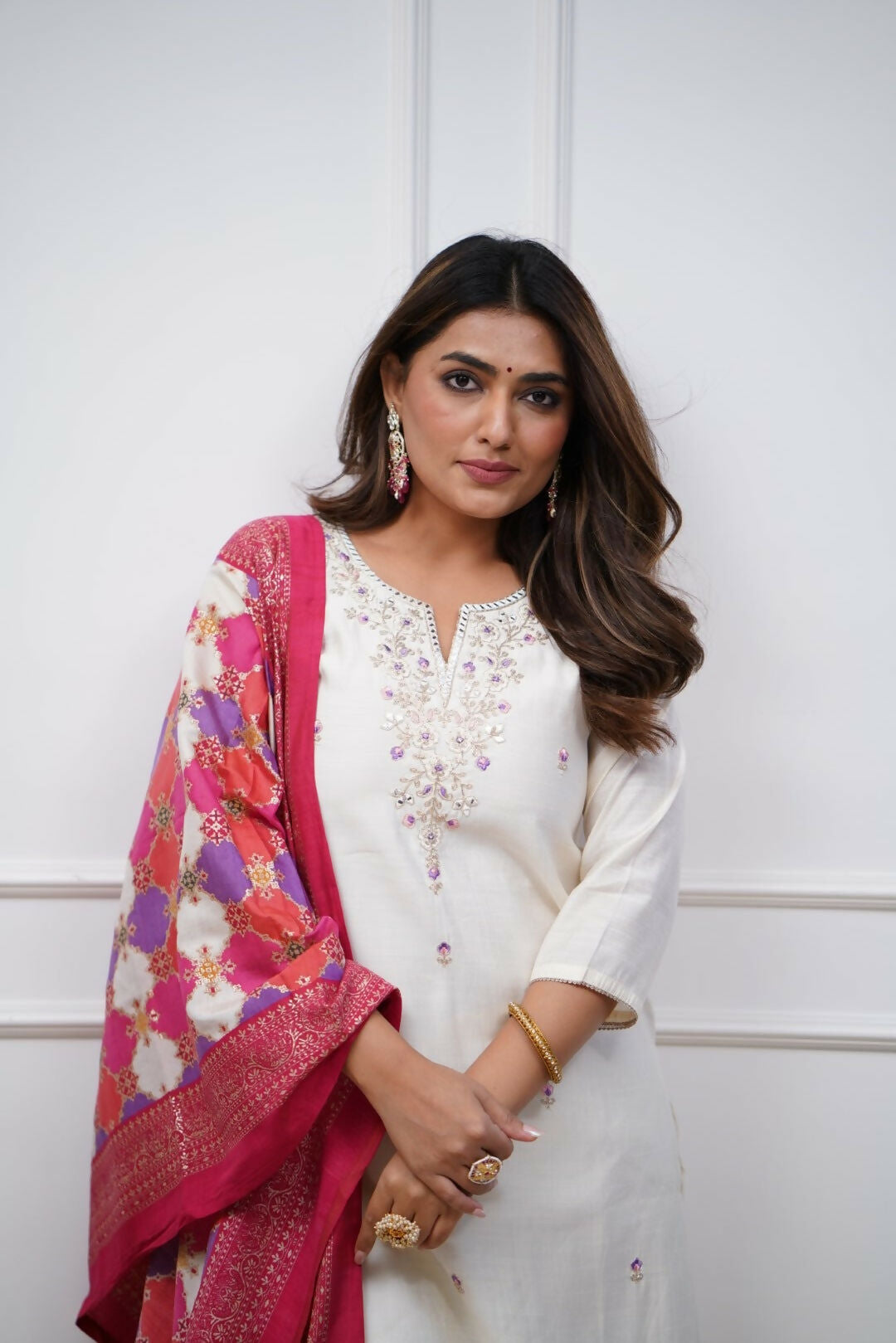 The52 Off White Beautiful Embroidered Viscose Chanderi Fabric Straight Kurta Pant with Dupatta Set | Grocsy