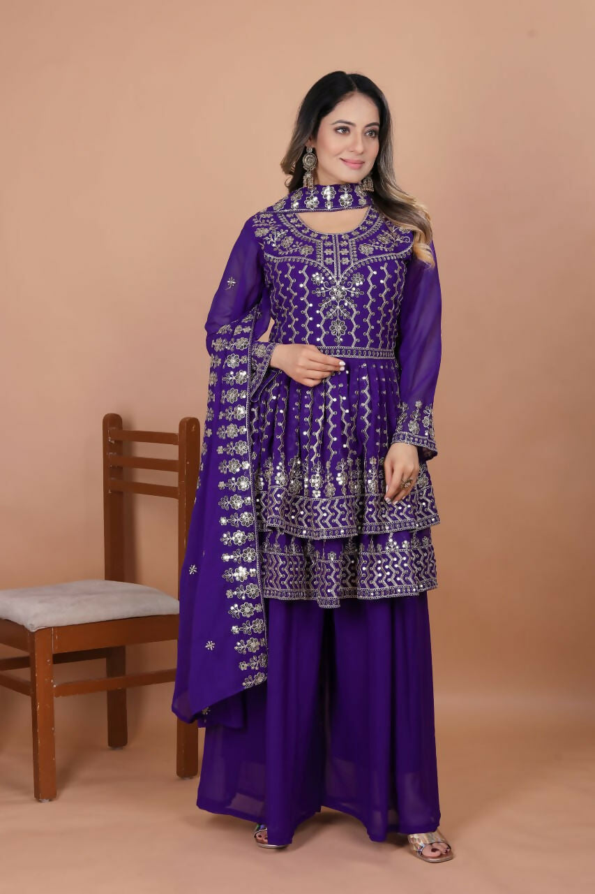 Joban Fashion Purple Georgette Embroidered Sharara Set | Grocsy