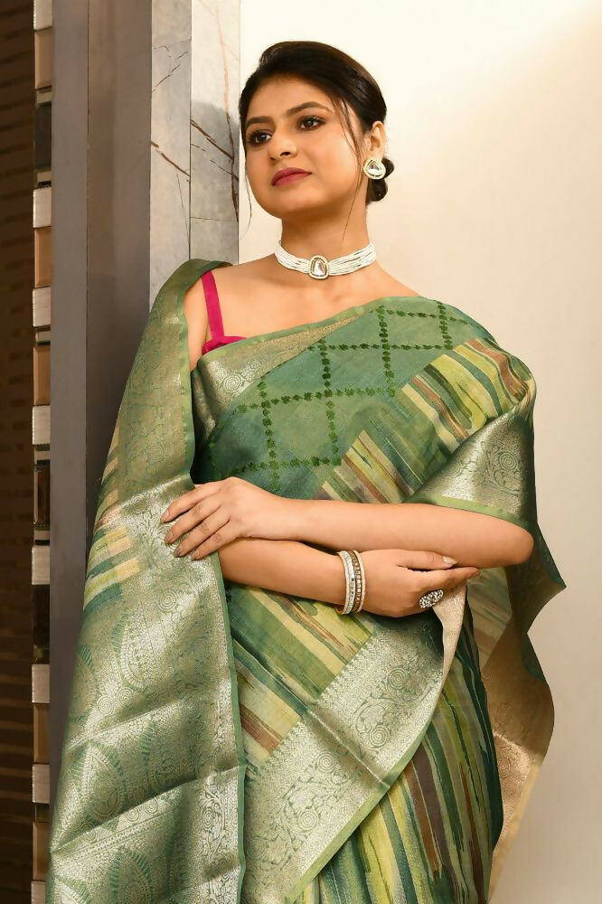 Joban Fashion Green Saree Tissue Digital With Embroidery | Grocsy