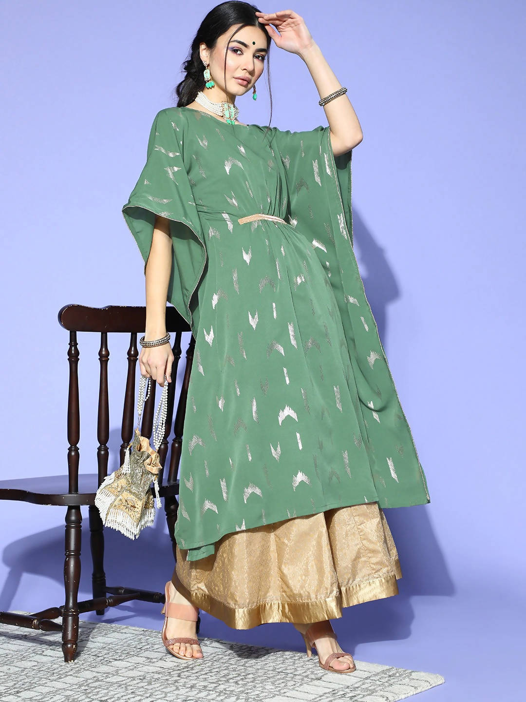 Janasya Women Green Geometric New Age Kaftan Kurta | Grocsy