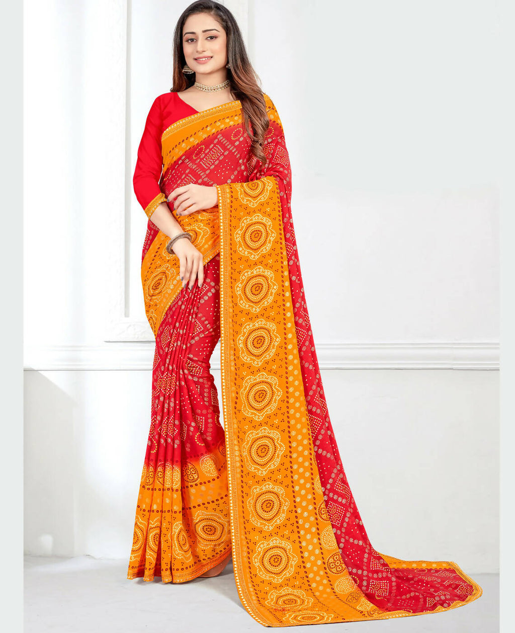 Red & Yellow Georgette Bandhani Printed Saree With Unstitched Blouse Piece - Jyoti | Grocsy