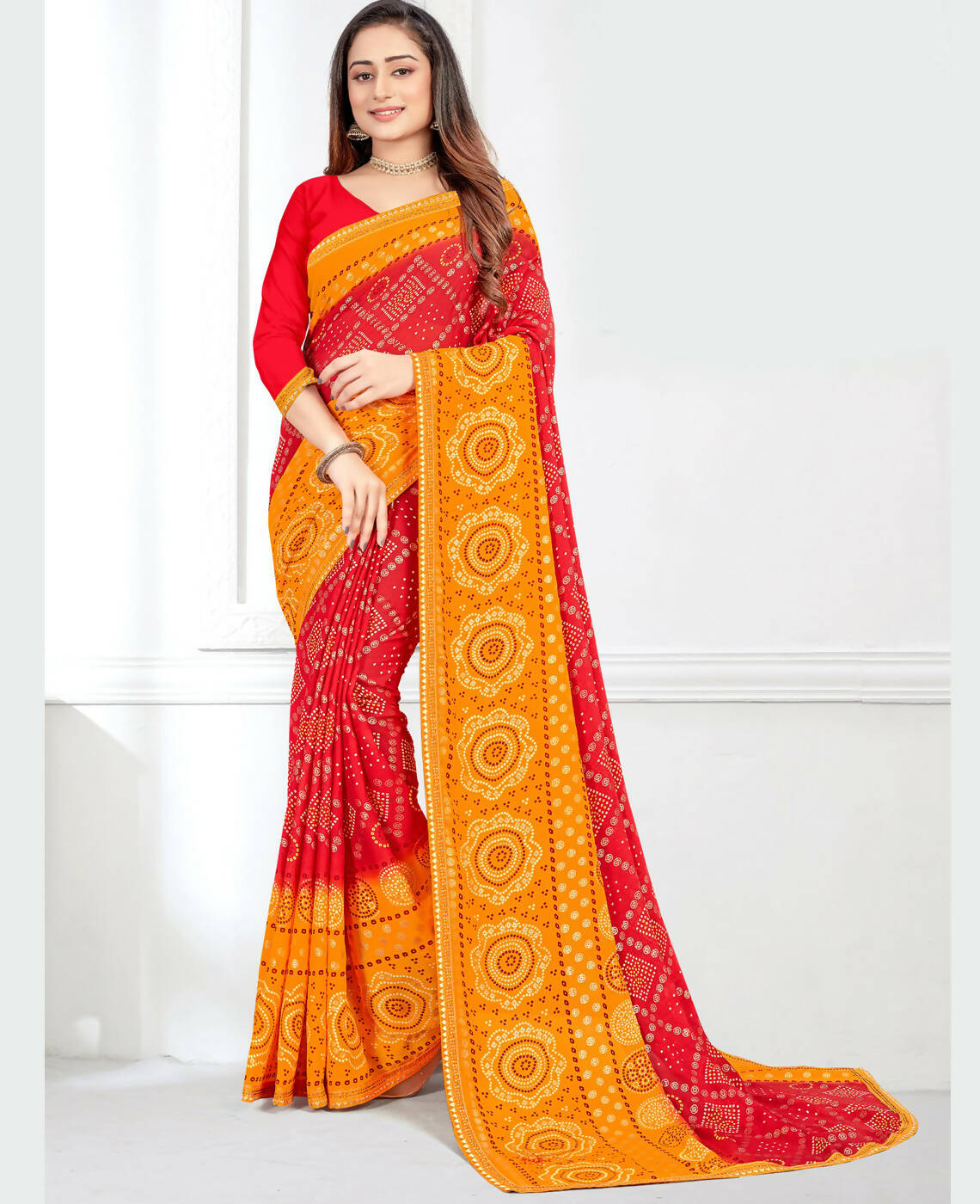 Red & Yellow Georgette Bandhani Printed Saree With Unstitched Blouse Piece - Jyoti | Grocsy