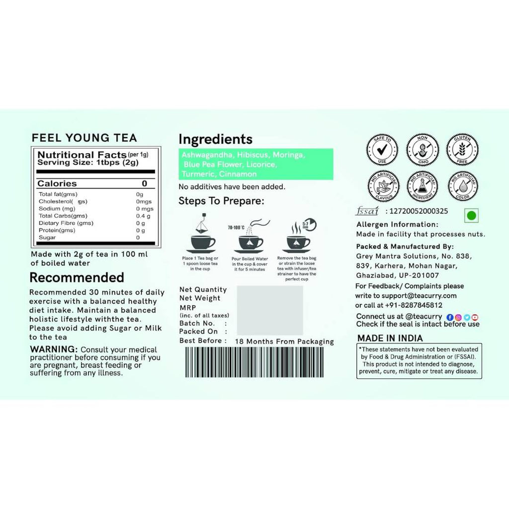 Teacurry Feel Young Tea Bags (Anti Ageing Tea) | Grocsy
