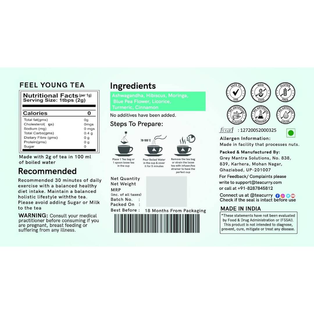 Teacurry Feel Young Tea Bags (Anti Ageing Tea) | Grocsy