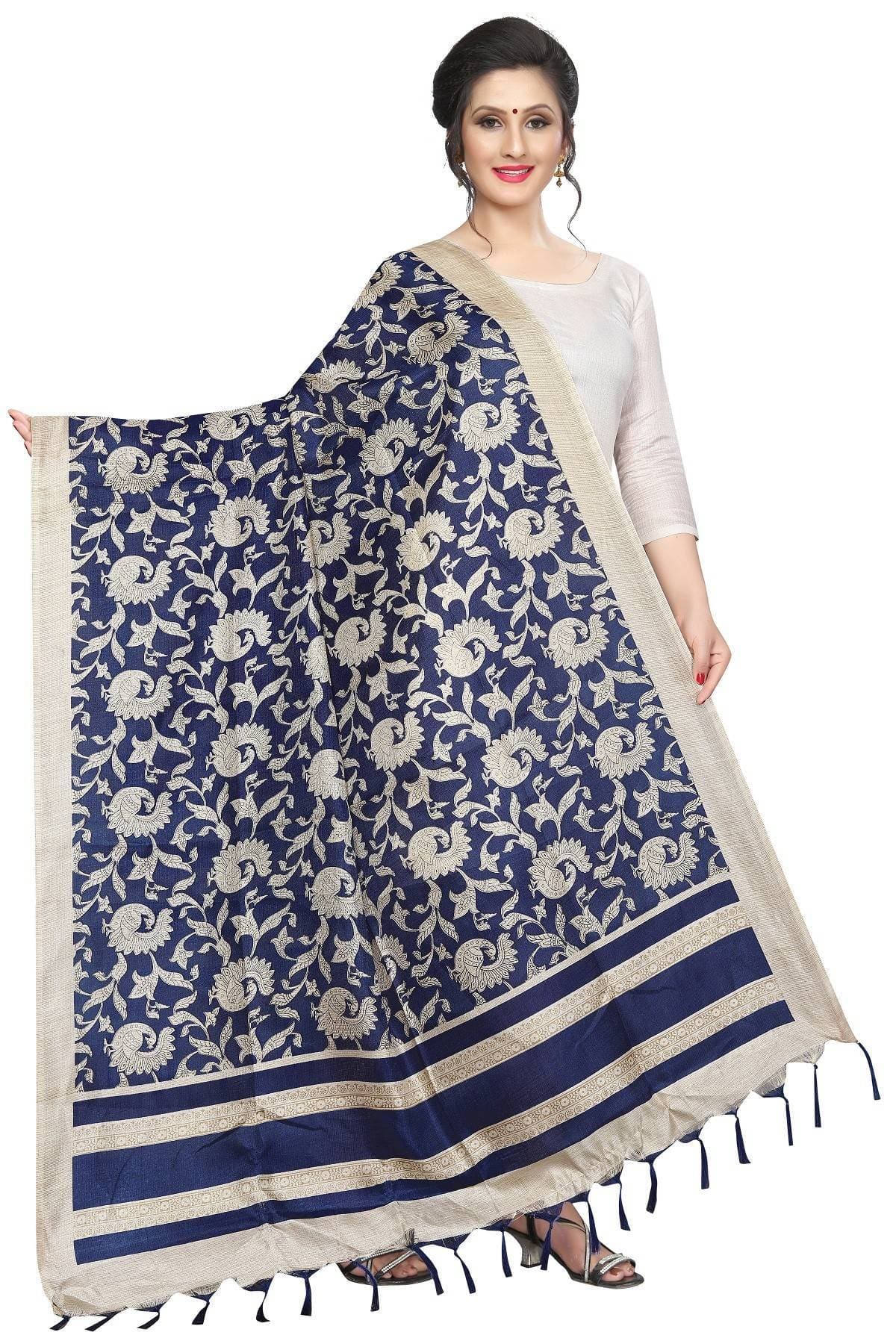 Vamika Latest Navy Blue Printed Khadi Bhagalpuri Dupatta | Grocsy