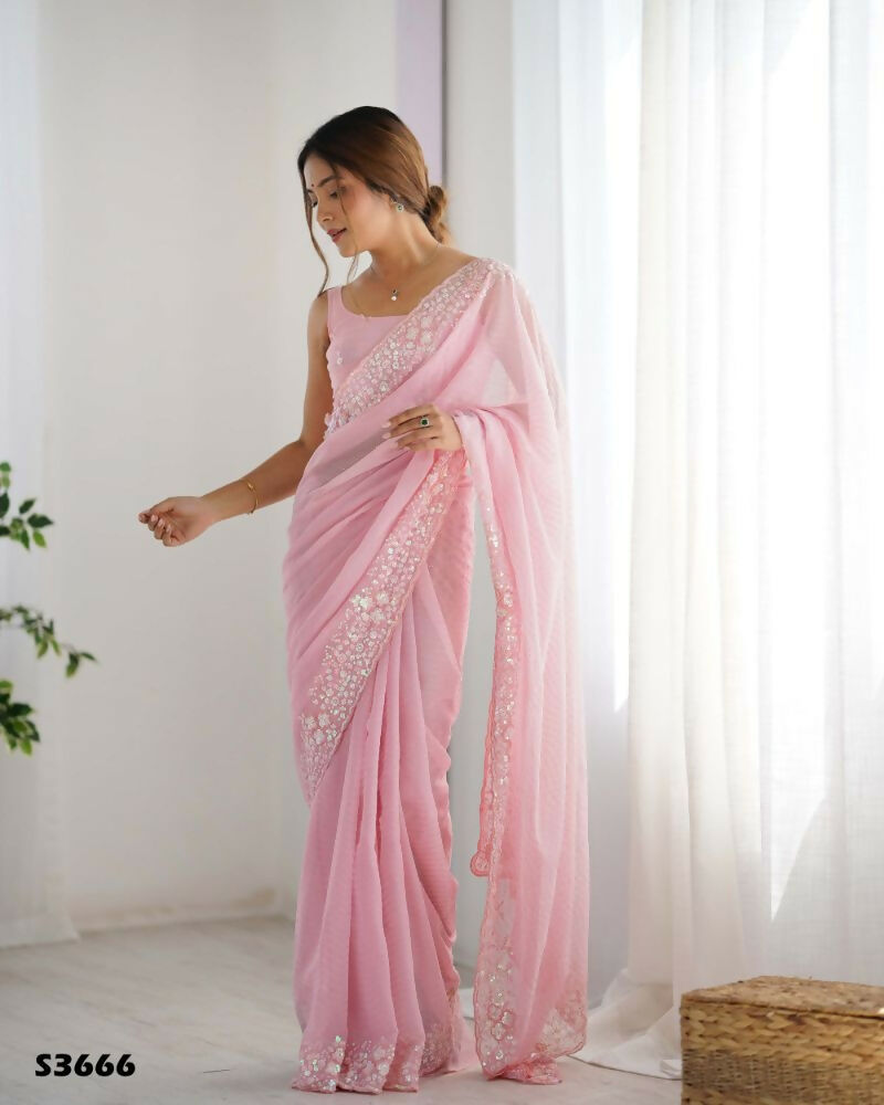 Georgette Designer Sequance Embroidery Work Party Wear Saree - Pink | Grocsy