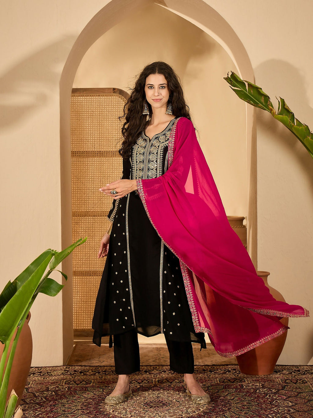 Joban Fashion Embroidery Black Vichitra Silk Kurta Set | Grocsy
