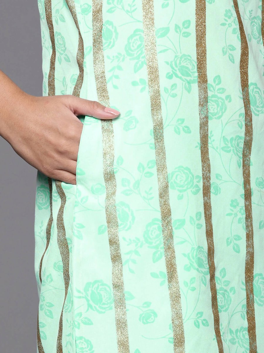 Ahalyaa Blue & Gold Floral Printed & Striped Straight Kurti with Sharara | Grocsy