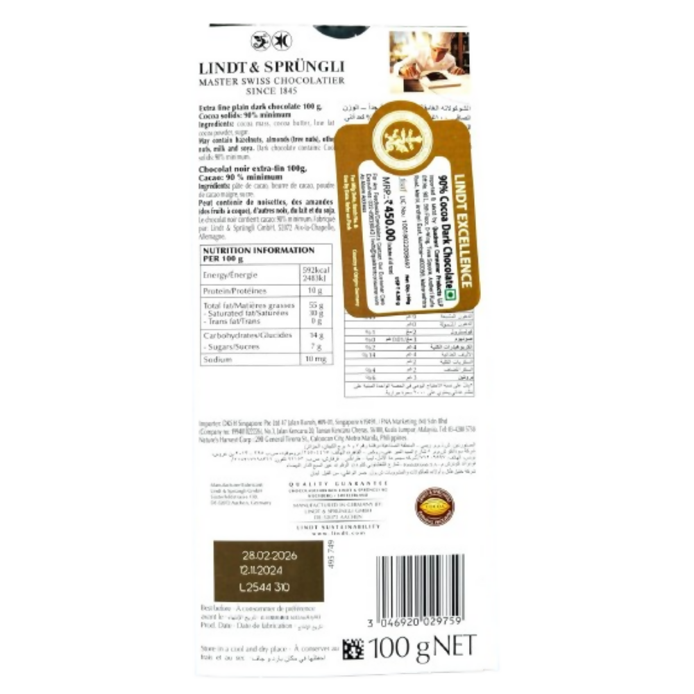 Lindt Excellence 90% Cocoa Dark Supreme Noir Chocolate Bar | Grocsy