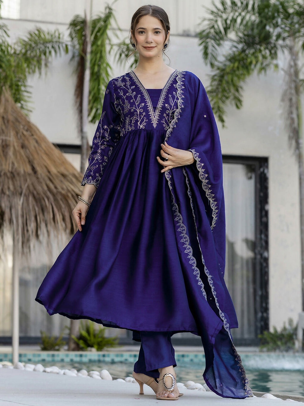 The52 Blue Women's Beautiful Embroidered Vichitra Silk Fabric with Flared Kurta, Pant and Dupatta Set | Grocsy