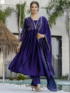 The52 Blue Women's Beautiful Embroidered Vichitra Silk Fabric with Flared Kurta, Pant and Dupatta Set | Grocsy