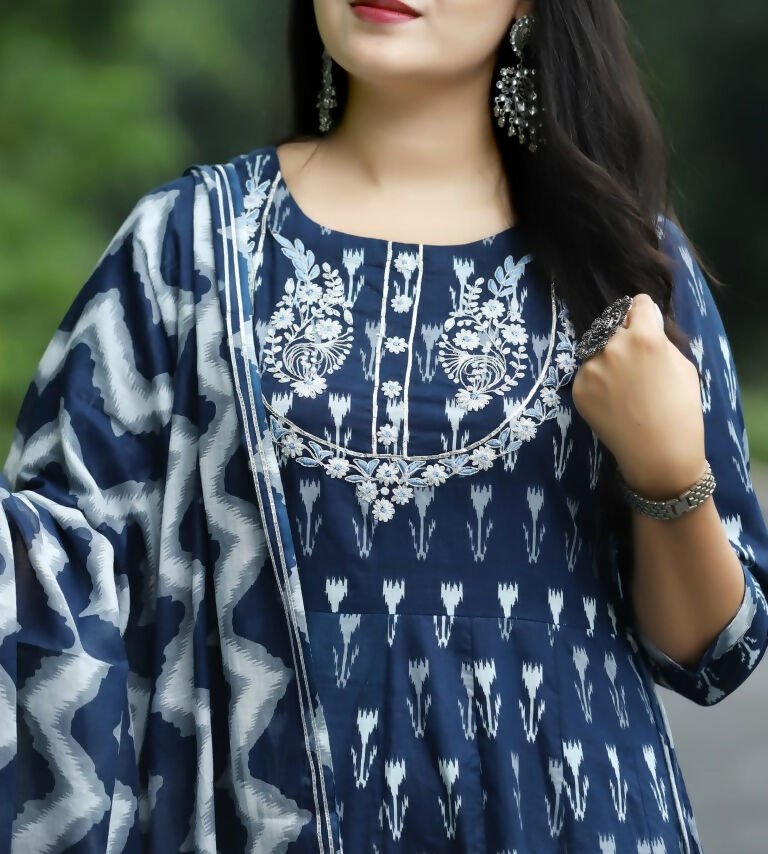 Alvano Anarkali Kurti with Pant and Dupatta set for Women and Girls Printed Cotton (Blue) | Grocsy