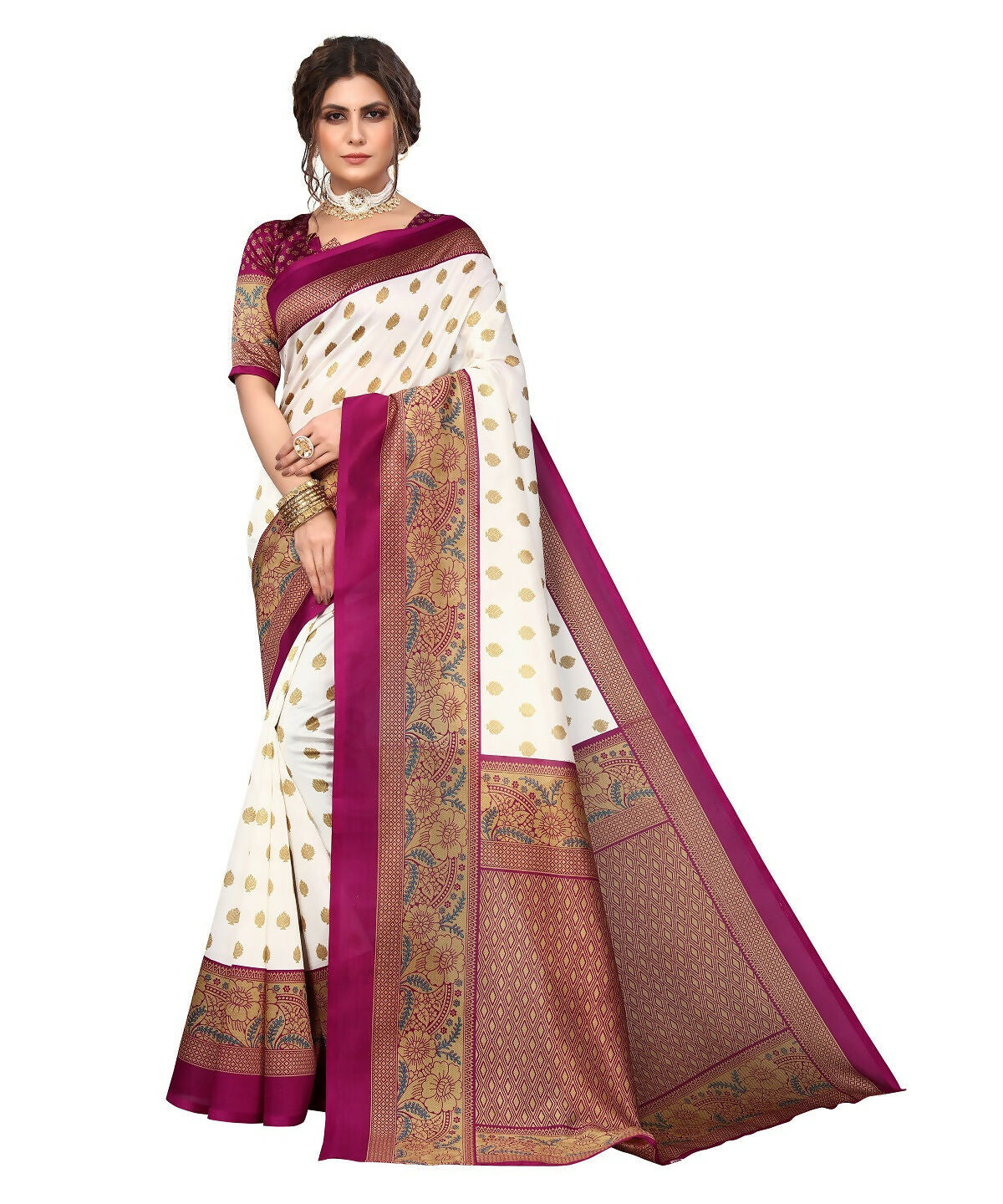 Vamika white & purple Printed Art Silk Saree | Grocsy