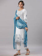 Juniper Women Sky-Blue Rayon Staple Kalamkari Printed Kurta, Pants and Dupatta Set | Grocsy