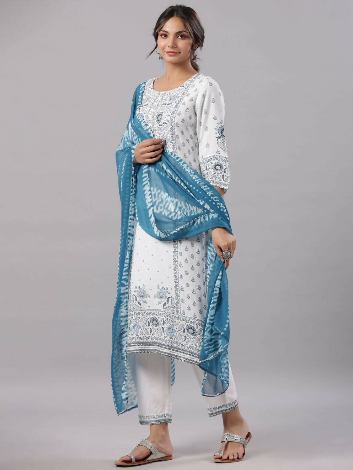 Juniper Women Sky-Blue Rayon Staple Kalamkari Printed Kurta, Pants and Dupatta Set | Grocsy