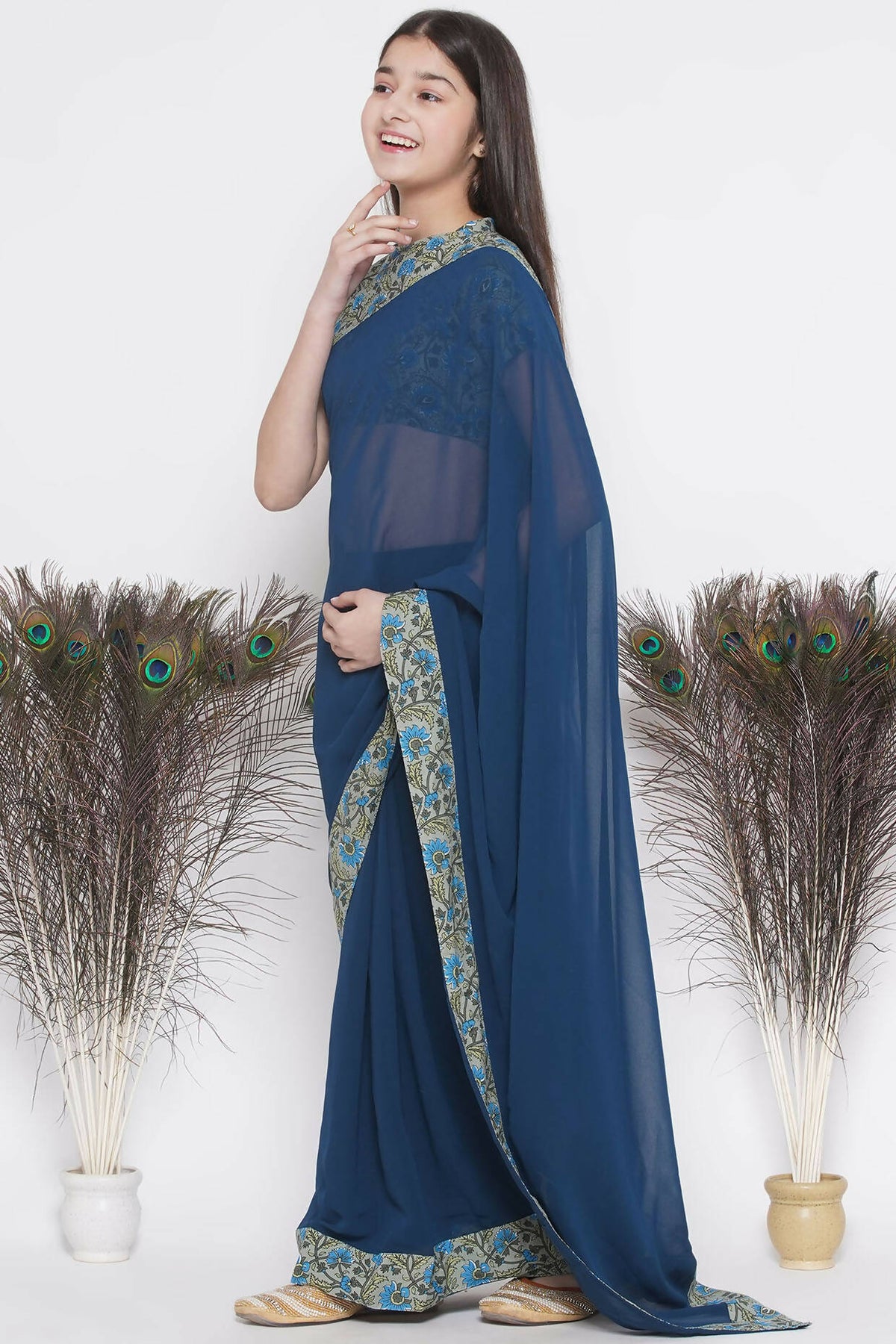 Little Bansi Floral Print Ready To Wear Saree And Floral Blouse - Blue | Grocsy